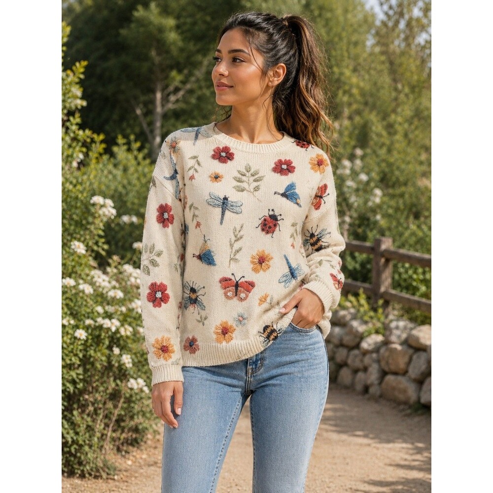 Women’s Cream Floral Butterfly Bee Knit Sweater Cottagecore Nature Print Size M